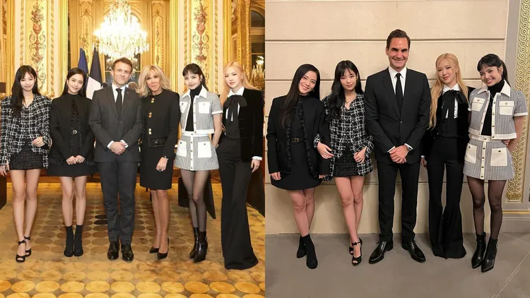 BLACKPINK今年被法國總統馬克宏（左圖左三起）與夫人布莉姬邀請到法國參加慈善演唱會，費德勒（右圖中）也被收服。翻攝YG娛樂、費德勒IG
