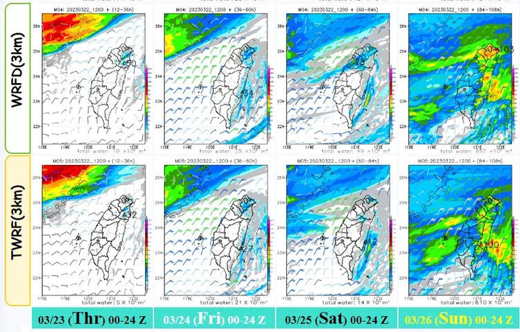 鄭明典指出，以區域模式看，主要降雨時間往後移到星期日。翻攝自鄭明典臉書