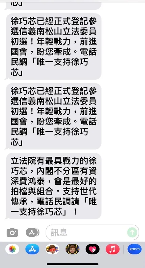 徐巧芯的拉票簡訊出現「內閣不分區有資深費鴻泰」。民眾提供
