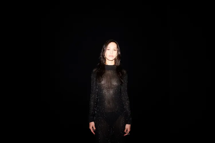 日本混血女星水原希子穿上透視感十足的亮片禮服，讓美胸線條呼之欲出。品牌提供