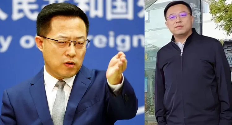 趙立堅在中國外交部發言人任內言詞嗆辣（左，資料照片），降調至邊疆事務後，成了「和善又憔悴的胖大叔」（右，翻攝微博/廣西壯族自治區防城港市）。