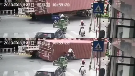 誇張影片|大車行進間「貨櫃掉下來」 他緊急右偏驚險甩開死神
