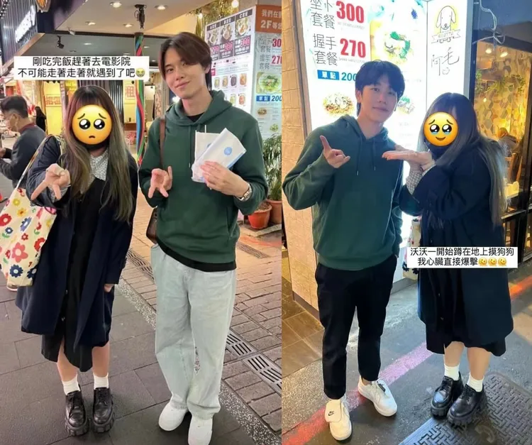 Yin（左圖右）、War買同款情侶帽T，被粉絲巧遇。翻攝推特