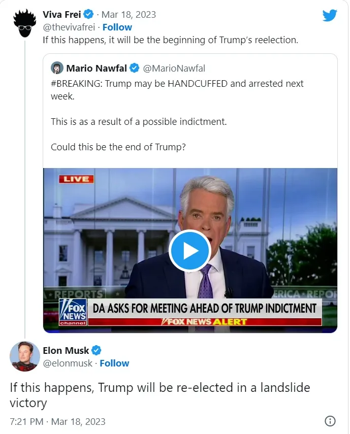 馬斯克在推文預言，川普若被捕將勝選。翻攝推特
