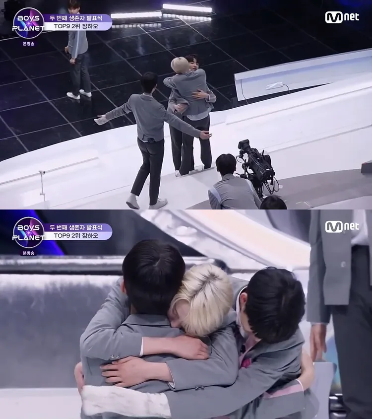 章昊獲得第2名走上座位，陳冠叡和OLLIE立刻上前擁抱他。翻攝Mnet