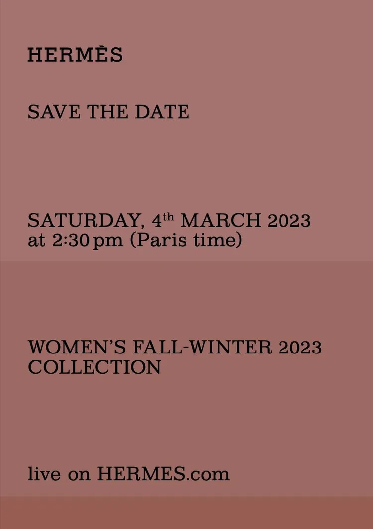 愛馬仕2023秋冬女裝系列發表大秀將於台灣時間3月4日晚上9點30分登場。品牌提供