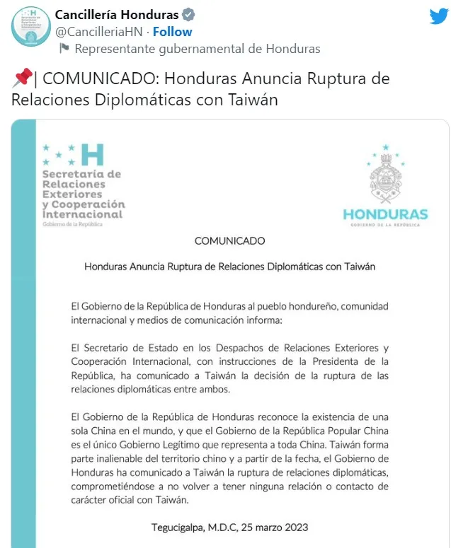 宏都拉斯與我斷交，並發布斷交聲明。翻攝宏都拉斯外交部推特