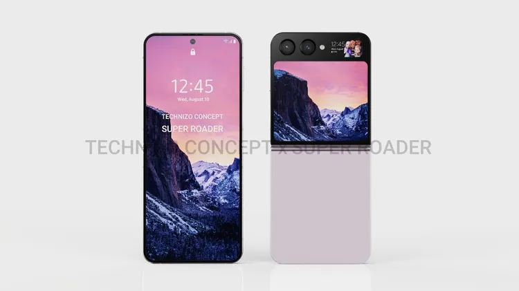 Galaxy Z Flip 5渲染圖內外總共3個螢幕，並且內螢幕邊框（圖左）極窄。翻攝NOTEBOOKCHECK，圖片來源：Technizo Concept