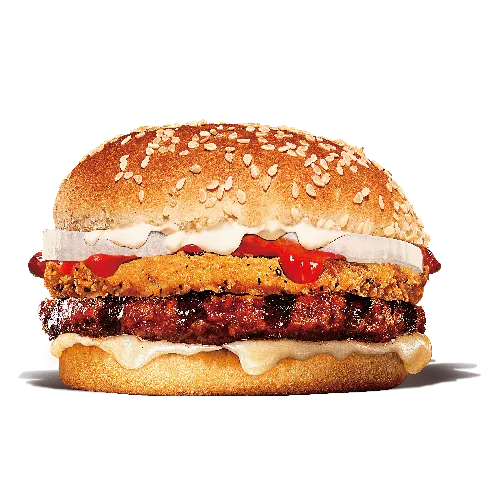 肉控最愛牛雞雙拼「小怪獸莫札瑞拉起司烤牛脆雞堡」，外酥內嫩的脆雞，搭配經典火烤牛肉排，單點115元，加20元即可升級套餐。業者提供