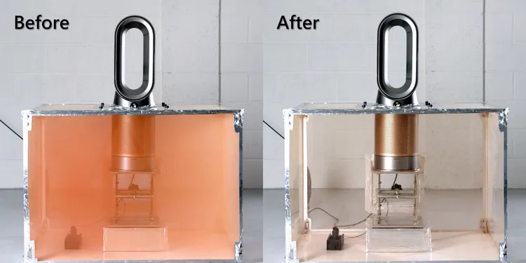 Dyson HP09全機符合HEPA H13標準密封，能將污染物牢牢鎖住（畫面中橘色氣體為污染物示意），不用擔心被捕捉的污染物造成空氣二次污染。