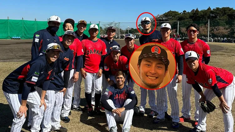 達比修有（紅圈處）將代表日本出戰世界棒球經典賽，最近剛與隊友們結束宮崎合宿集訓。翻攝faridyu推特