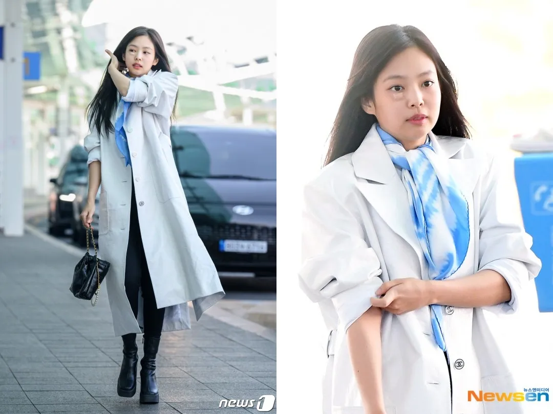 Jennie為了巴黎時裝周出國,臉頰好像因為傷口略微腫脹。翻攝news1、Newsen