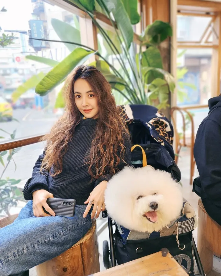 蔡依林在和愛犬「屋虎」的合照中，難掩眼神裡噴發的「慈母look」。翻攝bichon_whoohoo IG
