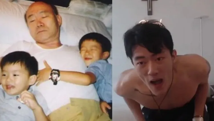 南韓前總統全斗煥的孫子全宇元（右圖）在直播中吸毒，脫掉衣服大聲嘶吼。全宇元曾出示他（左圖右一小孩）跟哥哥與「慈祥爺爺」全斗煥（左圖中）的合照。合成畫面。翻攝Youtube/Jamie Chun