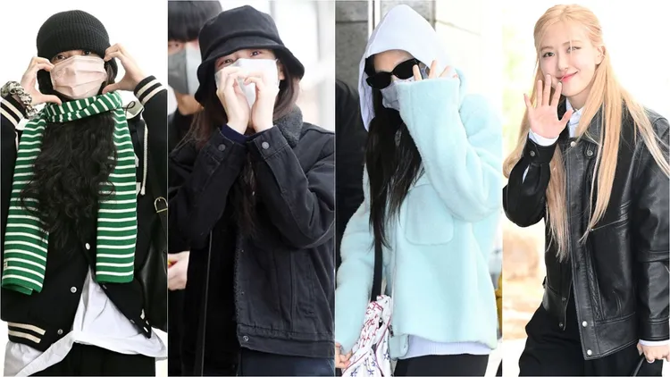 BLACKPINK今天在高雄國家體育場開唱，Lisa（左圖起）、Jisoo、Jennie、Rosé早上從韓國搭專機來台。翻攝xportsnews、Newsen、OSEN