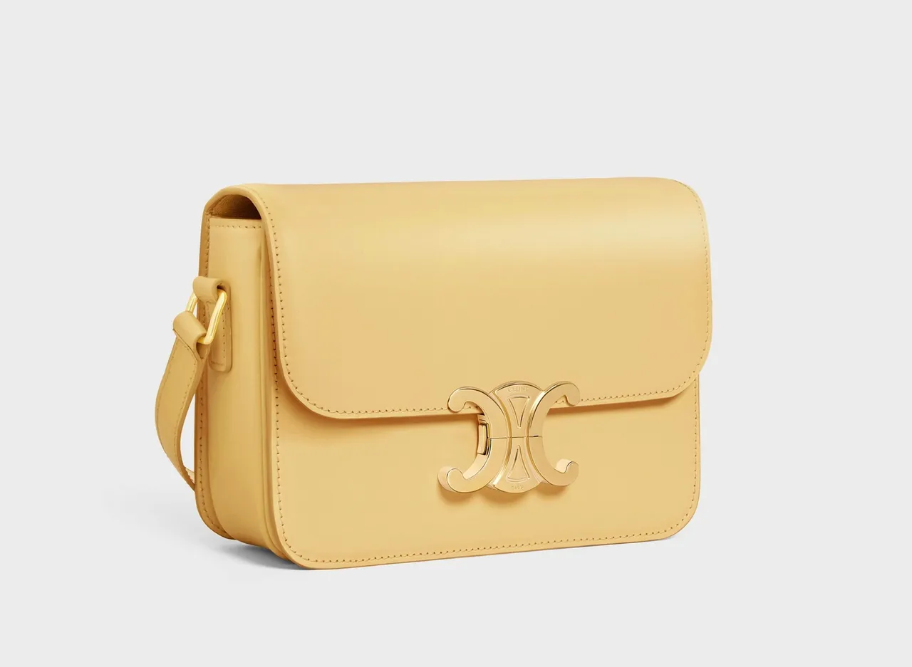 春夏新色款花粉色亮面小牛皮Teen Triomphe肩背包,12萬5000元。品牌提供