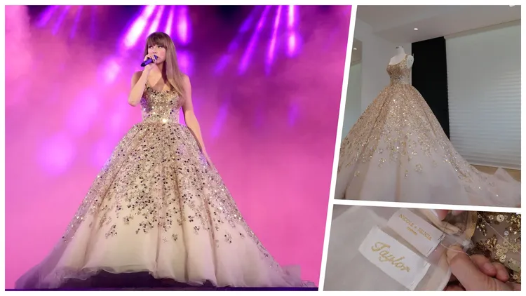 泰勒絲穿著台灣訂製禮服品牌Nicole + Felicia手工訂製蓬裙長禮服，在舞台上化身高雅公主，充滿優雅仙氣，衣標上並刺繡縫飾「Taylor」字樣（左下圖）。翻攝nicolefeliciacouture IG