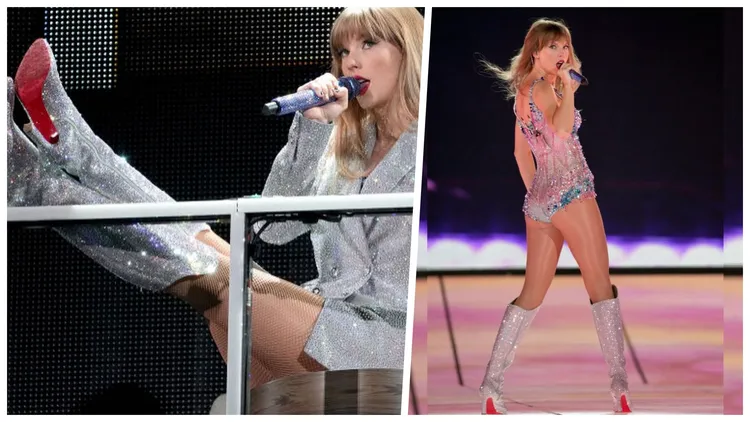 VERSACE為泰勒絲訂做水晶西裝外套、直露蜜大腿的水晶馬甲連身衣，火辣勾勒出她豐滿有致曲線，搭配Christian Louboutin水晶及膝長靴，又酷又辣。翻攝louboutinworld IG