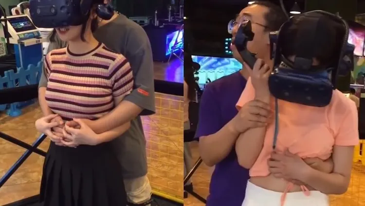 老闆覺得責任重大，不放心工讀生的能力，由老闆自己在後保護正妹玩家，「接近而未接觸」，而且無人投訴。翻攝微博/廣東深圳