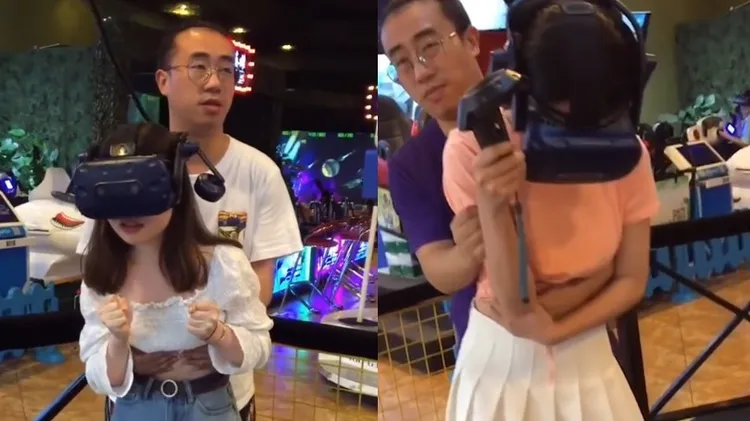 當正妹玩家在VR（Virtual Reality）虛擬實境遊戲時，老闆親自出馬保護正妹們不要跌倒，而且「接近而未接觸」重要部位。翻攝微博/廣東深圳
