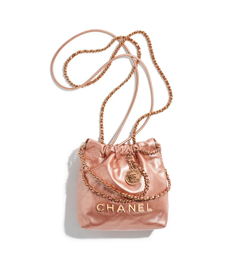 香檳色皮革CHANEL 22包小型款，17萬6800元。品牌提供