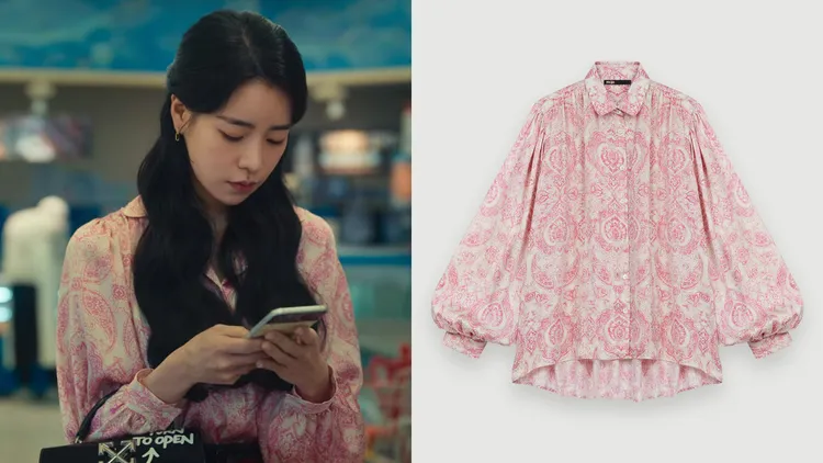 林知衍於第11集的日常外出造型（左，翻攝Netflix畫面），選穿了Maje的絲質印花襯衫，華麗的袖口設計，立馬凸顯出整體貴氣十足的氣場；絲質印花襯衫（右，品牌提供），9050元。