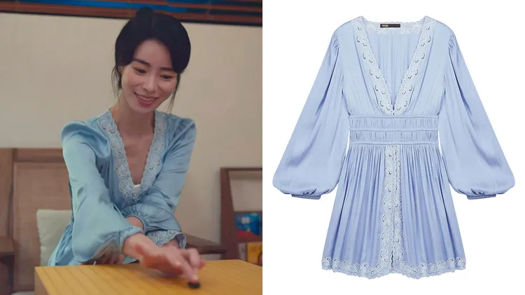 林知衍在戲裡的一票精品行頭中（左，翻攝Netflix畫面），也夾雜著像是Maje這樣相較親民的法國輕奢品牌在內；鏤空緄邊洋裝（右，品牌提供），1萬900元。