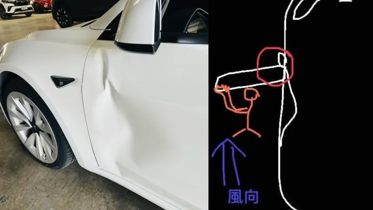 先前一陣風讓特斯拉的鈑金凹了，車主還畫出當時風大到拉不住車門的簡圖說明。翻攝臉書「TESLA Taiwan Model 3/Y 特斯拉台灣車主群」