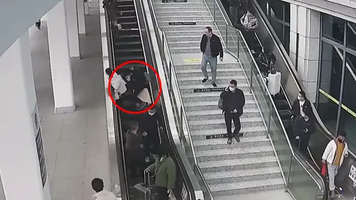 影片｜天兵女偷懶「電扶梯運行李箱」　把車站男客KO斷骨