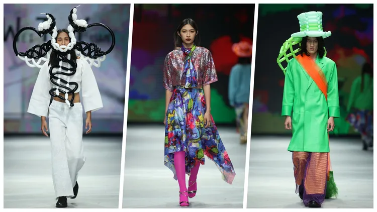 WEI-TZU.YUAN 2023秋冬系列藉衣著載體幻化似神非人的軀殼體態，打造深富誇飾視覺與舞台效果的作品。台北時裝周提供