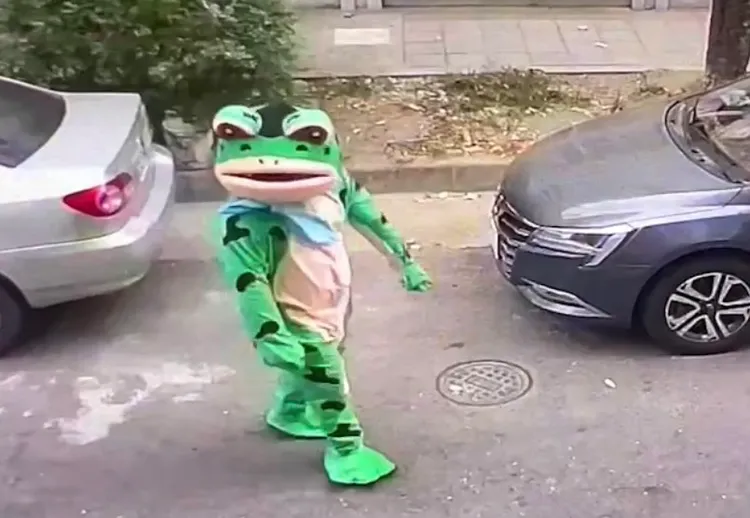 楊姓表演工作者穿著「青蛙裝」出現在國小通勤步道，引發警方關切。讀者提供