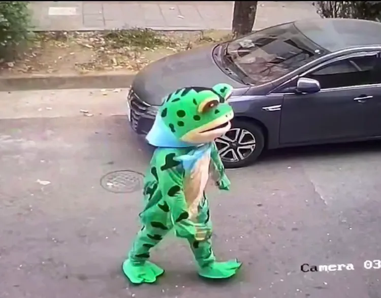 楊姓表演工作者穿著「青蛙裝」出現在國小通勤步道，引發警方關切。讀者提供