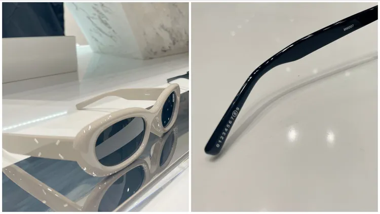 系列作品的鏡腿內側有著Maison Margiela經典數字標籤（右圖），鏡臂外側則點綴有品牌招牌的四縫線元素（左圖）。張家玲攝