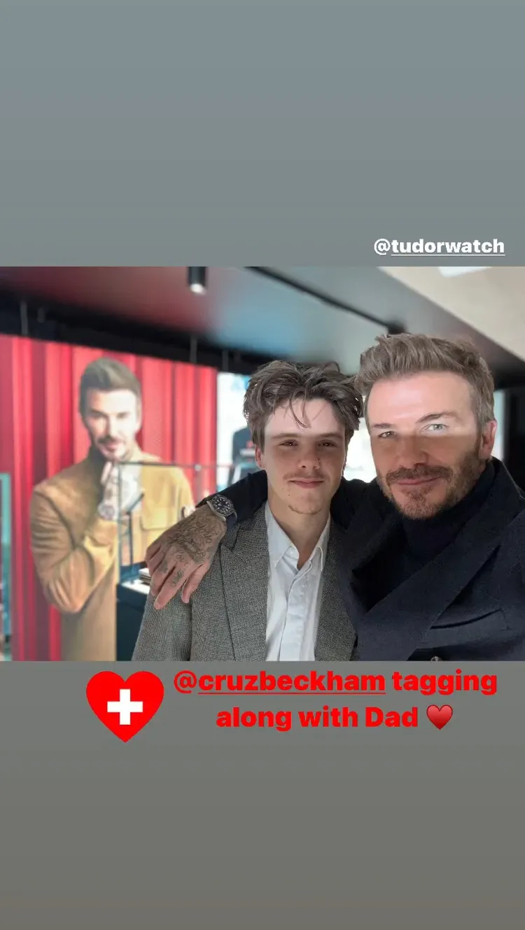 貝克漢（右）帶兒子克魯茲，一同為其代言的帝舵表發表增添無限話題。翻攝david beckham IG