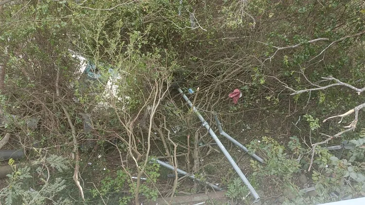 休旅車墜落三米深砂石場，卡在草叢堆。讀者提供