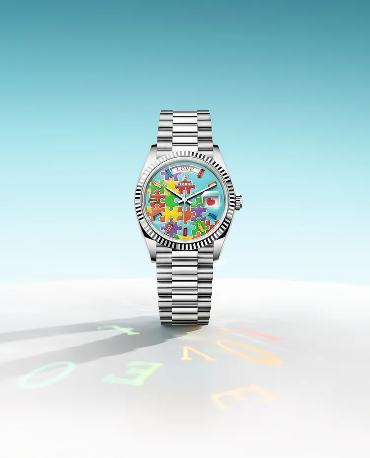 連「錶壇老大哥」勞力士都似是為喚醒人們在疫情期間喪失的幸福感，推出了別出心裁的3款Oyster Perpetual Day-Date 36腕錶；Oyster Perpetual Day-Date 36 18K白金自動上鍊腕錶，192萬6500元。品牌提供