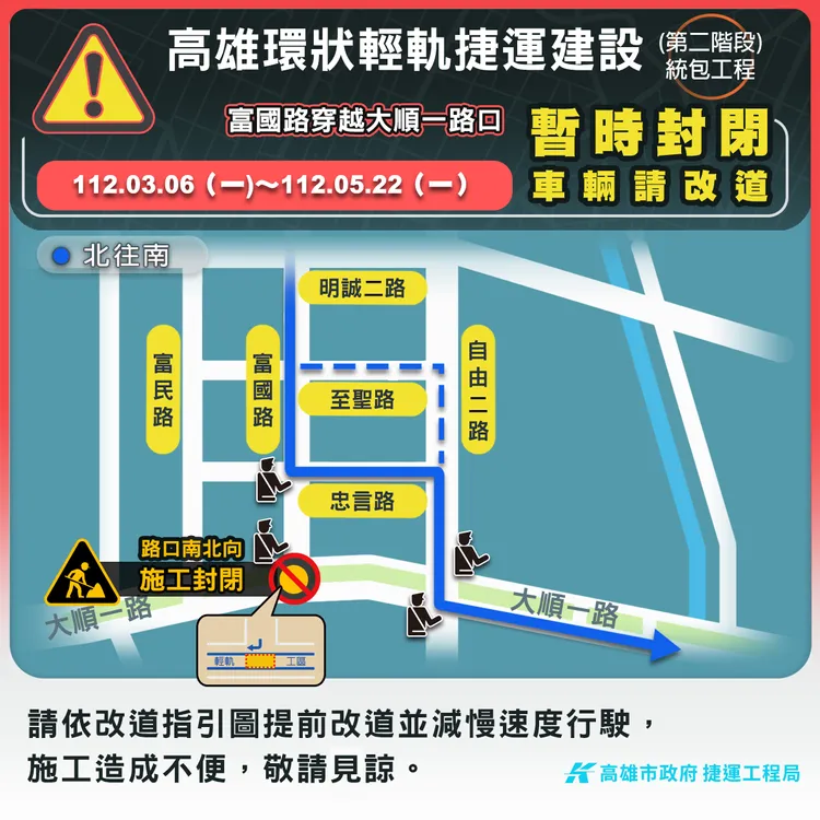 因應高雄輕軌二階工程施工，高市府將於3/6~5/22封閉大順一路與富國路口南北向車道。讀者提供