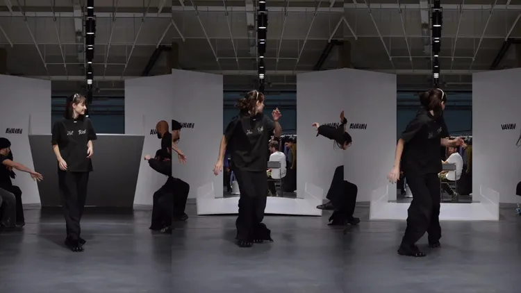 品牌設計師Beate Karlsson終場謝幕時，連伸展台背板都「崩塌」。翻攝avavav IG