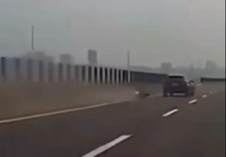 碰撞後重機騎士慘摔翻滾，右手粉碎性骨折。翻攝自記者新聞網