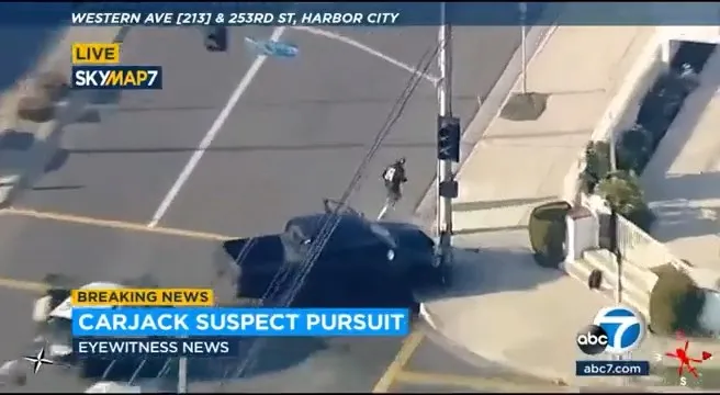 歹徒重新「起跑」號不久，即被警方逼得自撞電桿，下車徒步逃亡。翻攝自推特