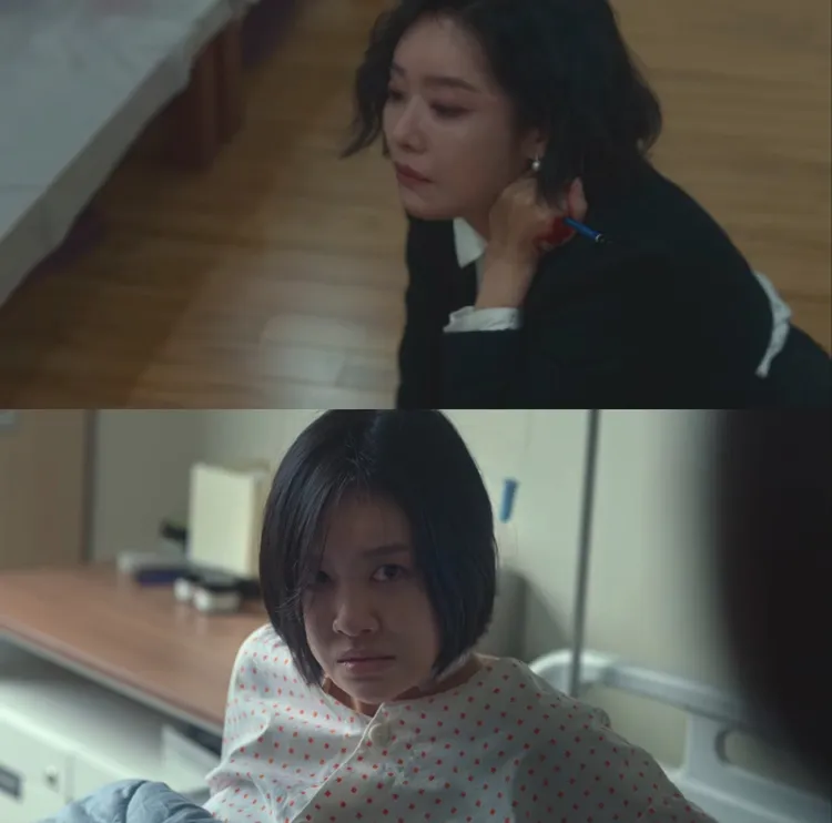 車珠英挑撥離間，被金赫拉捅脖子，失去聲音。翻攝Netflix