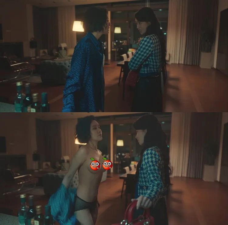 車珠英（上圖左）劇中脫去藍色襯衫還林知衍，直接露出「車頭燈」。翻攝Netflix