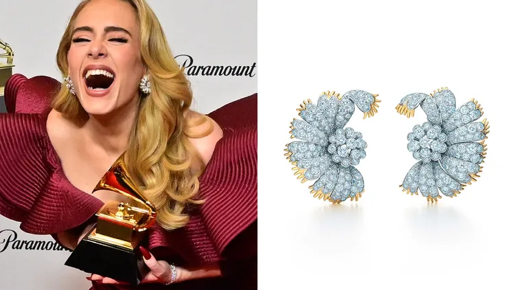 愛黛兒（左）在年初拿下葛萊美音樂獎歌后時所佩戴的TIFFANY  Schlumberger鑽石珊瑚造型耳環，同樣是品牌高雄珠寶展中的焦點。品牌提供