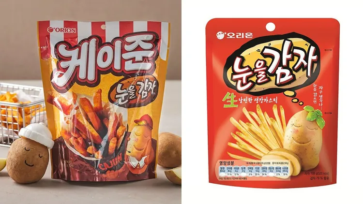 左邊的肯瓊口味，諧音念起來是「狗寯」，該款餅乾「閉眼馬鈴薯」也使用諧音，合起來變成「狗寯，閉上眼吧」。翻攝naver