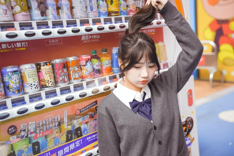 尼莫穿上制服拍照，有著學生般的清純可愛。