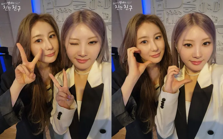 李彩演（左圖左）與PURPLE K!SS的Chaein在《K-POP STAR 3》後，時隔10年同框。翻攝MBC