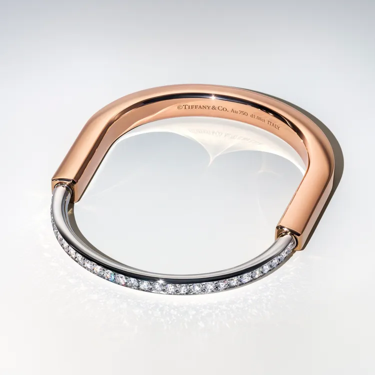 Jimin於TIFFANY官宣代言形象照中佩戴Tiffany Lock 18K白金與玫瑰金鑲鑽手鐲，41萬5000元。品牌提供