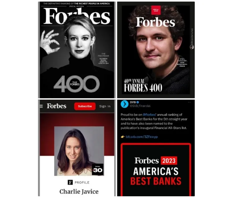 富比士評選未來商業領袖卻出現多位詐欺犯，左上為血液檢測公司Theranos創辦人霍姆斯、右上為FTX創辦人班克曼、左下為賈維斯。翻攝新浪科技