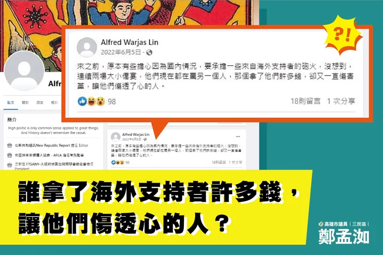 鄭孟洳說，國民黨文傳會副主委林家興訪美期間在臉書也暗指羅智強疑似透過政治獻金斂財。鄭孟洳提供