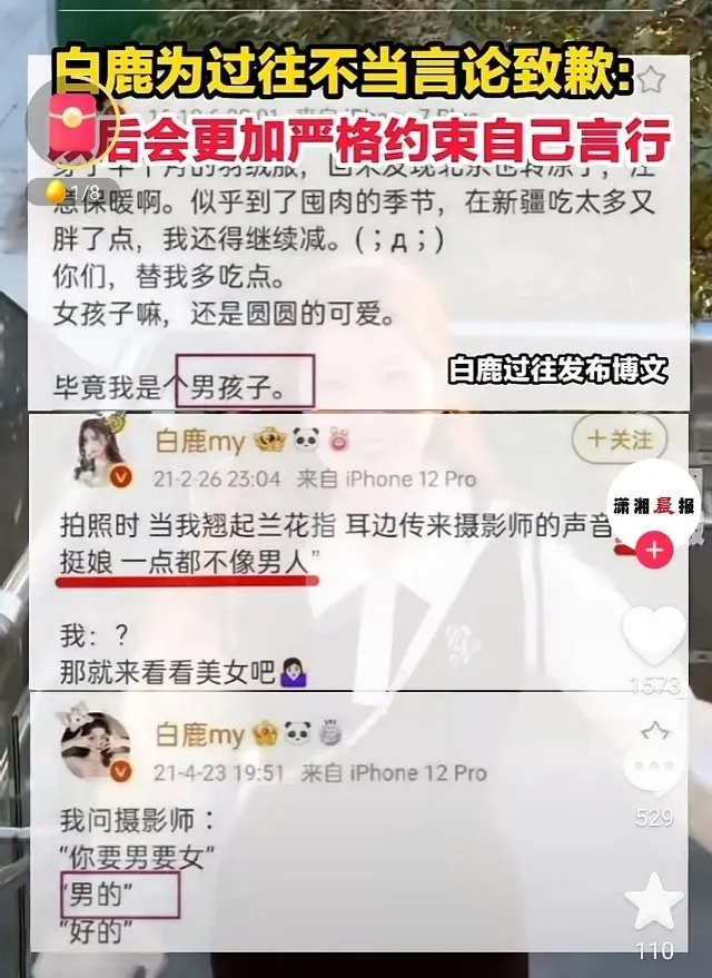 白鹿被網友挖出過去自稱是男人的發文，批她貶低女性。翻攝微博